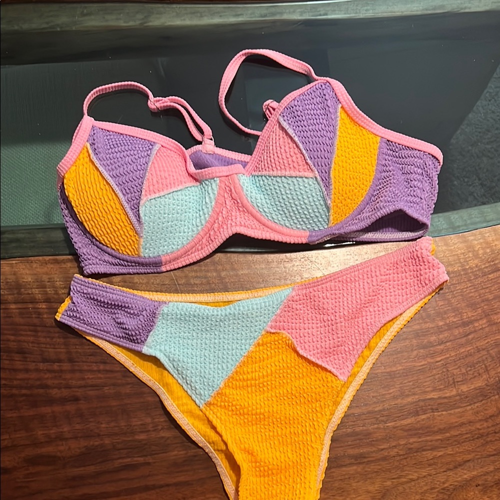 Pink and Purple Geometric Bikini Swim Set
